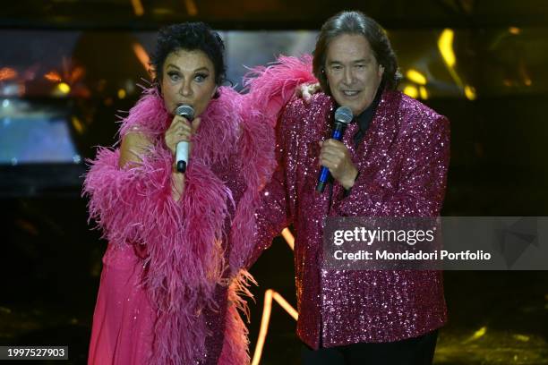 Italians singers Angelo Sotgiu and Angela Brambati by Ricchi e Poveri at 74 Sanremo Music Festival. Third Evening. Sanremo , February 8th, 2024