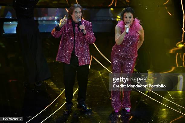 Italians singers Angelo Sotgiu and Angela Brambati by Ricchi e Poveri at 74 Sanremo Music Festival. Third Evening. Sanremo , February 8th, 2024