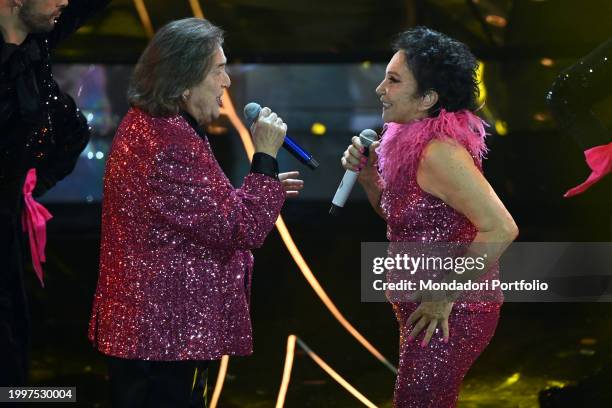 Italians singers Angelo Sotgiu and Angela Brambati by Ricchi e Poveri at 74 Sanremo Music Festival. Third Evening. Sanremo , February 8th, 2024