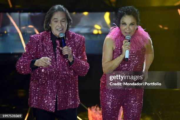 Italians singers Angelo Sotgiu and Angela Brambati by Ricchi e Poveri at 74 Sanremo Music Festival. Third Evening. Sanremo , February 8th, 2024