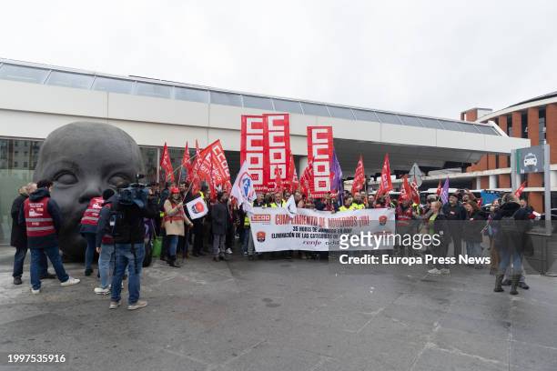 Railway workers during a rally for the Renfe and Adif strike, in the vicinity of Atocha station, on February 9 in Madrid, Spain. The strike called by...