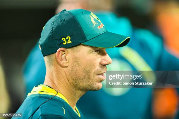 David Warner of Australia looks on after game one of the Men's T20 International series between Australia and West Indies at Blundstone Arena on...