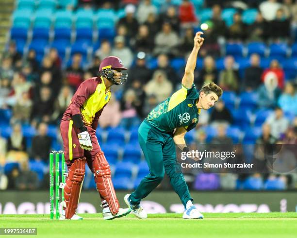 Sean Abbott of Australia bowls during game one of the Men's T20 International series between Australia and West Indies at Blundstone Arena on...