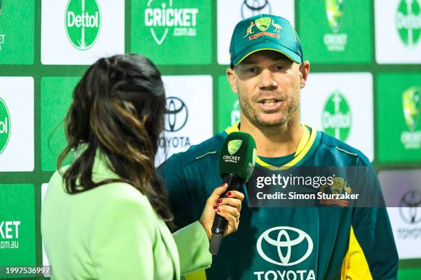 Man of the match David Warner of Australia speaks with the media after game one of the Men's T20 International series between Australia and West...