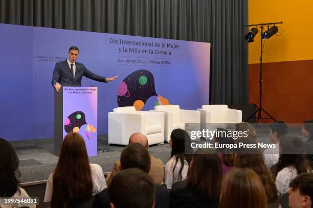 The President of the Government, Pedro Sanchez, speaks during the event 'Day of Women and Girls in Science: awakening STEAM vocations', at the...