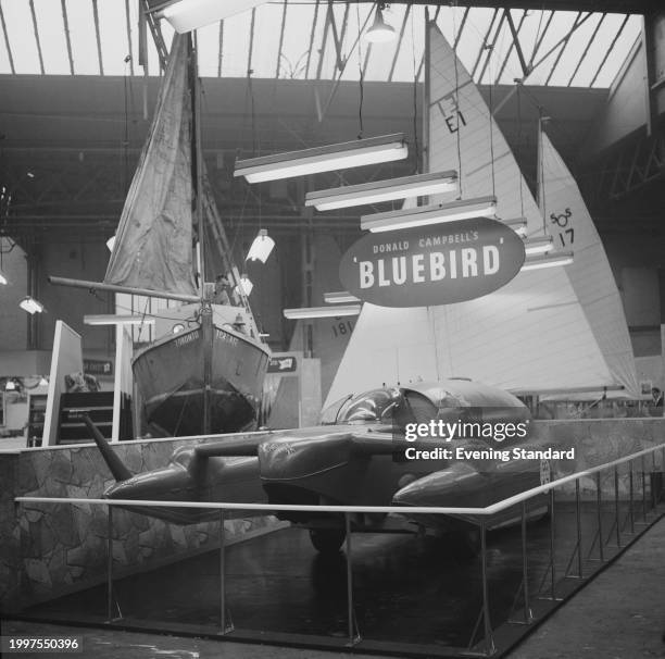 Donald Campbell's 'Bluebird' K7 jet engined hydroplane on display at the Boat Show, London, January 9th 1957.