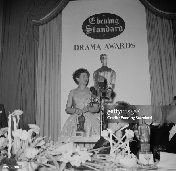 Dame Peggy Ashcroft with her Best Actress award at the Evening Standard Drama Awards, London, January 25th 1957.