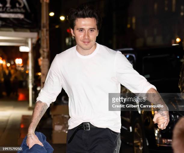 Brooklyn Beckham is seen arriving to the YSL Beauty Candy Shoppe during New York Fashion Week on February 08, 2024 in New York City.