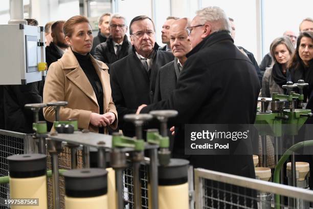German Chancellor Olaf Scholz, German Defence Minister Boris Pistorius , Danish Prime Minister Mette Frederiksen and CEO of Rheinmetall Armin...