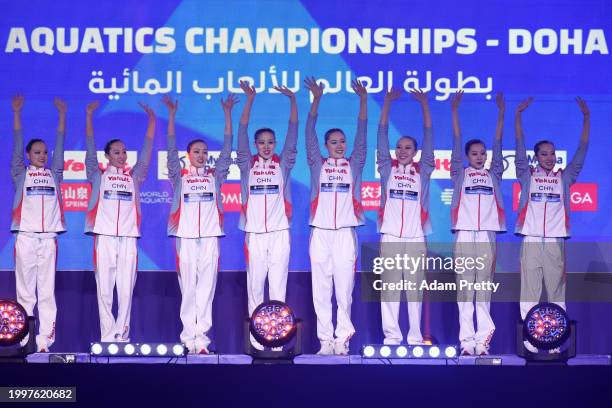 Gold medallists Hao Chang, Ciyue Wang, Wentao Cheng, Binxuan Xiang, Yu Feng, Yanning Xiao, Xiuchen Li and Yayi Zhang of Team China celebrate during...