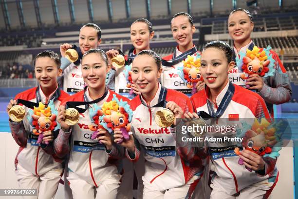 Gold medallists Hao Chang, Ciyue Wang, Wentao Cheng, Binxuan Xiang, Yu Feng, Yanning Xiao, Xiuchen Li and Yayi Zhang of Team People's Republic of...