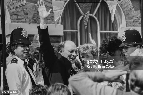 Married couple, Leader of the Labour Party Neil Kinnock and Glenys Kinnock , on the steps of the Labour Party headquarters in Walworth Road after...