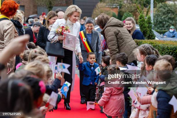 Queen Mathilde of Belgium visits the GBS Salto primary school as part of the "Flemish Anti-Bullying Week 2024" on February 9, 2024 in Oud-Turnhout,...