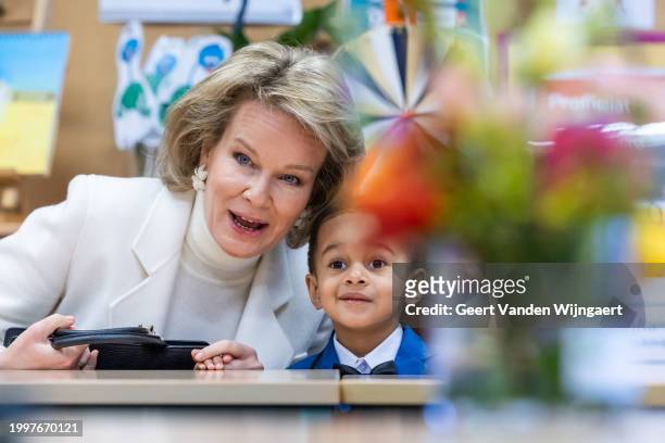 Queen Mathilde of Belgium visits the GBS Salto primary school as part of the "Flemish Anti-Bullying Week 2024" on February 9, 2024 in Oud-Turnhout,...