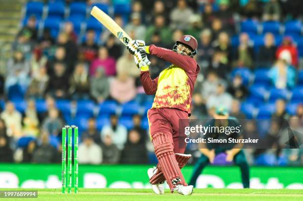 Sherfance Rutherford of the West Indies pulls a ball during game one of the Men's T20 International series between Australia and West Indies at...