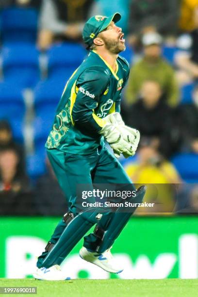 Australian wicket keeper Matthew Wade reactsduring game one of the Men's T20 International series between Australia and West Indies at Blundstone...