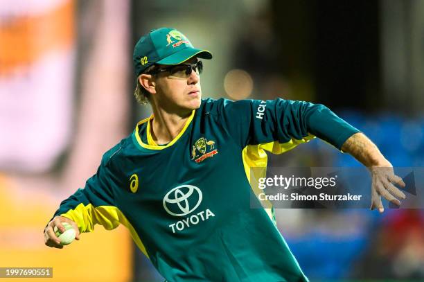 Adam Zampa of Australia fields during game one of the Men's T20 International series between Australia and West Indies at Blundstone Arena on...