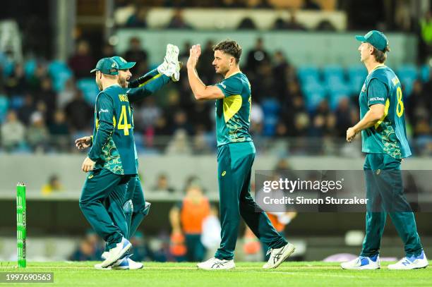 Marcus Stoinis of Australia celebrates a wicket during game one of the Men's T20 International series between Australia and West Indies at Blundstone...