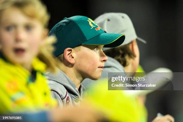 Young fans are seen during game one of the Men's T20 International series between Australia and West Indies at Blundstone Arena on February 09, 2024...