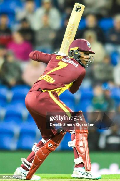 Akeal Hosein of the West Indies bats during game one of the Men's T20 International series between Australia and West Indies at Blundstone Arena on...