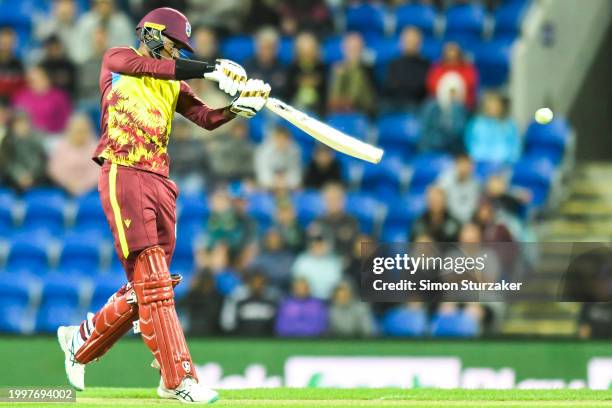 Akeal Hosein of the West Indies bats during game one of the Men's T20 International series between Australia and West Indies at Blundstone Arena on...