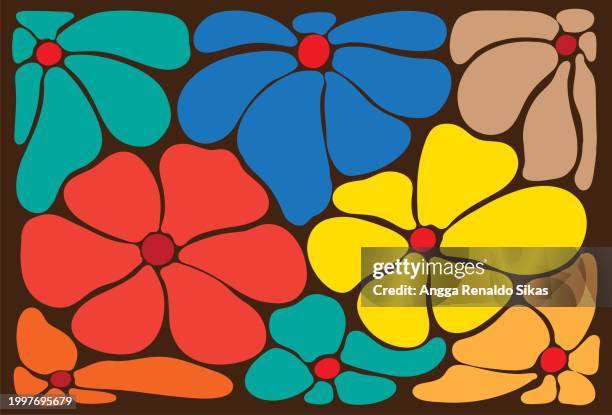 stockillustraties, clipart, cartoons en iconen met rounded and wavy flowers art, colorful, funky and groovy retro style - psychedelisch