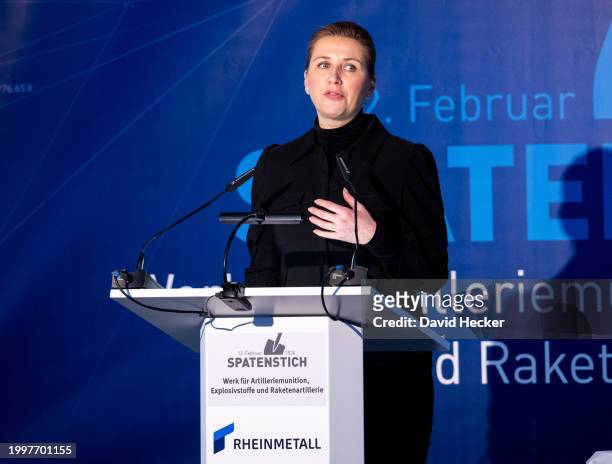 Danish Prime Minister Mette Frederiksen speaks during the groundbreaking ceremony for a new munitions factory of German defence contractor...