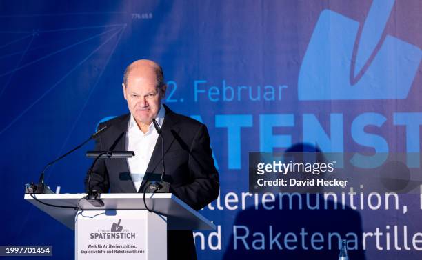 German Chancellor Olaf Scholz speaks during the groundbreaking ceremony for a new munitions factory of German defence contractor Rheinmetall on...
