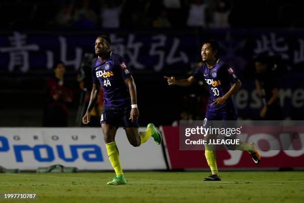 Anderson Lopes of Sanfrecce Hiroshima celebrates with teammate Kosei Shibasaki after scoring the team's second goal during the J.League J1 match...