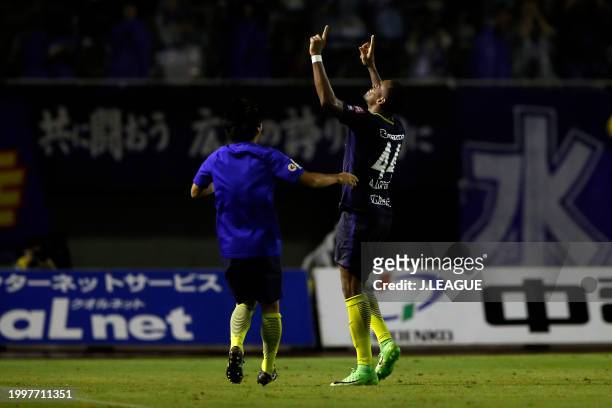 Anderson Lopes of Sanfrecce Hiroshima celebrates with teammate Soya Takahashi after scoring the team's second goal during the J.League J1 match...
