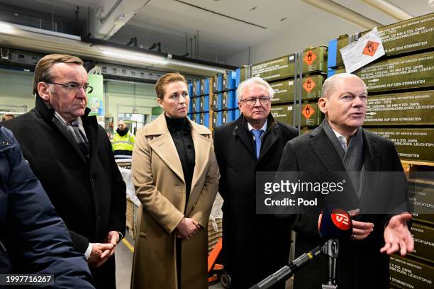 German Chancellor Olaf Scholz , accompanied by German Defence Minister Boris Pistorius , Danish Prime Minister Mette Frederiksen and CEO of...