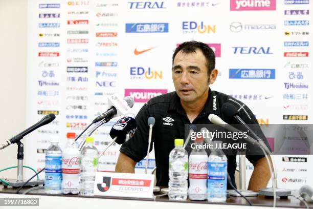 Head coach Kenta Hasegawa of Gamba Osaka speaks at the post match press conference after the J.League J1 match between Sanfrecce Hiroshima and Gamba...