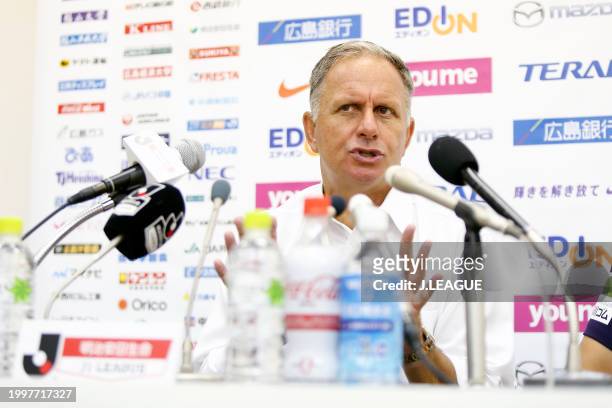 Head coach Jan Jonsson of Sanfrecce Hiroshima speaks at the post match press conference after the J.League J1 match between Sanfrecce Hiroshima and...