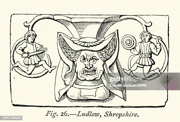 ogre or gargoyle with warriors, medieval wood carving from a church stall,  ludlow, shropshire - 665409969 or 665409803 stock illustrations