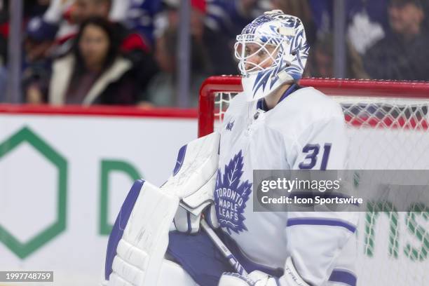 Toronto Maple Leafs Goalie Martin Jones after a whistle during first period National Hockey League action between the Toronto Maple Leafs and Ottawa...