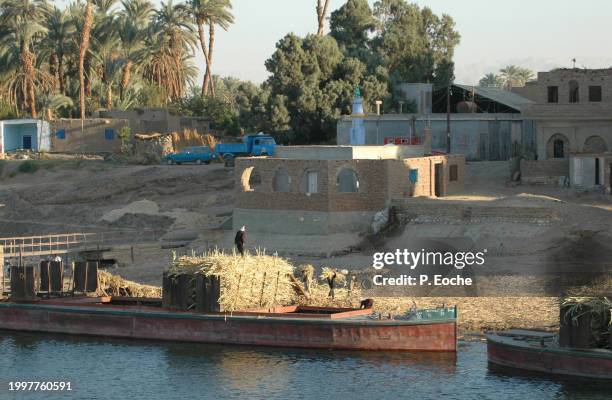 egypt, boat on the nile discharging sugar cane - transport nautique fotografías e imágenes de stock