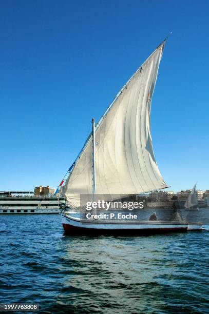 egypt, felucca, traditional and ancestral sailboat on the nile - transport nautique fotografías e imágenes de stock