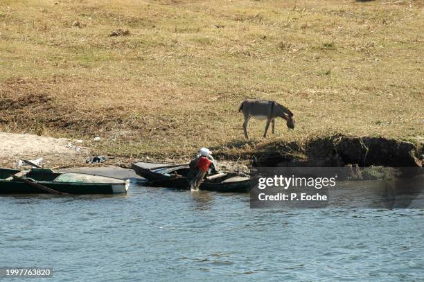 egypt, small fishing boat on the banks of the nile - transport nautique fotografías e imágenes de stock