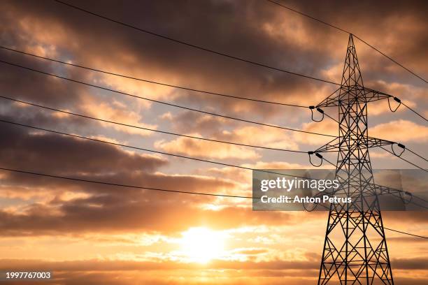 high voltage towers at sunset. power lines - hoogspanningsmast stockfoto's en -beelden