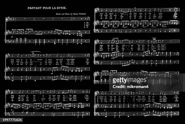 old engraved illustration of sheet music and lyrics of "partant pour la syrie" ("departing for syria") a french patriotic song, the music of which was written by hortense de beauharnais and the text by alexandre de laborde - alexandre stock pictures, royalty-free photos & images