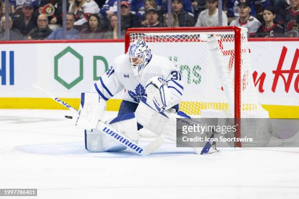 Toronto Maple Leafs Goalie Martin Jones makes a blocker save during third period National Hockey League action between the Toronto Maple Leafs and...