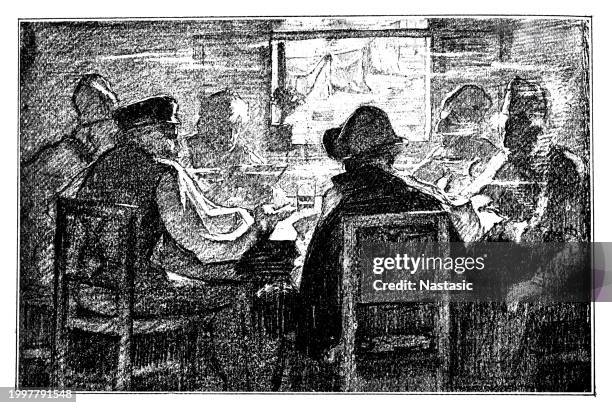 old fishermen playing cards - beach spain stock illustrations