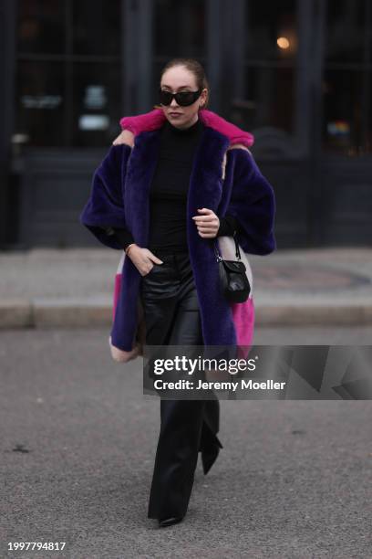 Sonia Lyson seen wearing & Other Stories black sunglasses, silver earrings, black wool knit high neck pullo, Marina Hoermanseder pink, purple, white,...