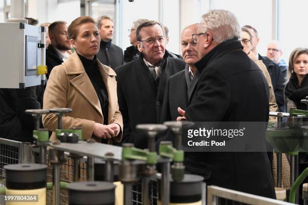 German Chancellor Olaf Scholz, German Defence Minister Boris Pistorius , Danish Prime Minister Mette Frederiksen and CEO of Rheinmetall Armin...