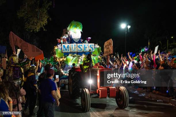 The Krewe of Muses parade takes place on the Uptown parade route during 2024 Mardi Gras on February 08, 2024 in New Orleans, Louisiana.