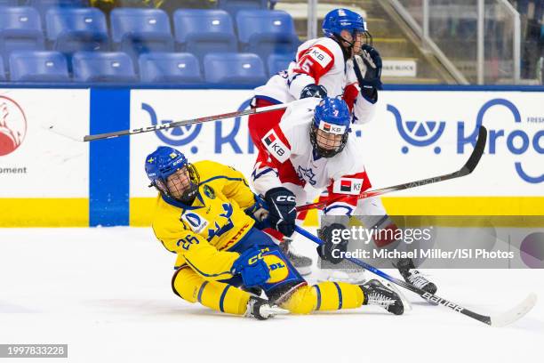 Alexander Zetterberg of Team Sweden is checked by Pavel Prusek of Team Czechia during U18 Five Nations Tournament between Team Czechia and Team...