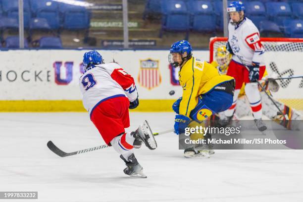 Adam Benak of Team Czechia shoots the puck during U18 Five Nations Tournament between Team Czechia and Team Sweden at USA Hockey Arena on February 7,...