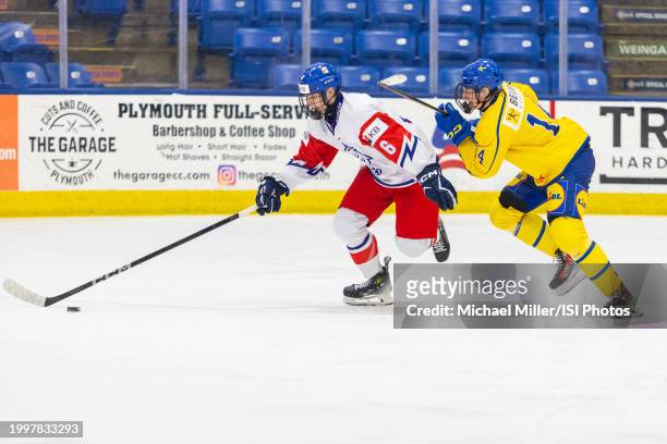 Martin Svec of Team Czechia skates away from Mans Toresson of Team Sweden during U18 Five Nations Tournament between Team Czechia and Team Sweden at...