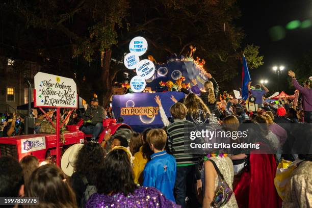 The Krewe of Muses parade takes place on the Uptown parade route during 2024 Mardi Gras on February 08, 2024 in New Orleans, Louisiana.