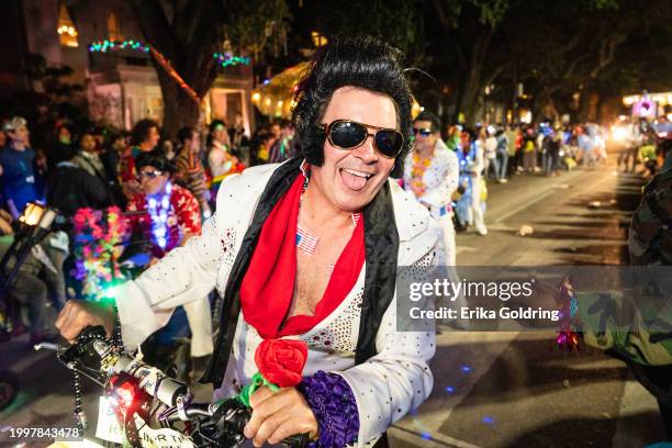 The Rolling Elvi roll in the Krewe of Muses parade during 2024 Mardi Gras on February 08, 2024 in New Orleans, Louisiana.